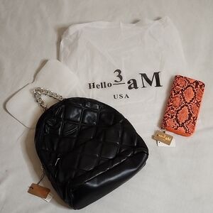 Hello 3aM Quilted Black Backpack with Snakeskin Print Wallet
